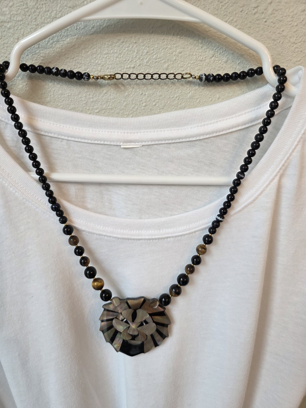 Black Beaded Necklace with Tiger Eye Accents and Lion Pendant. #22